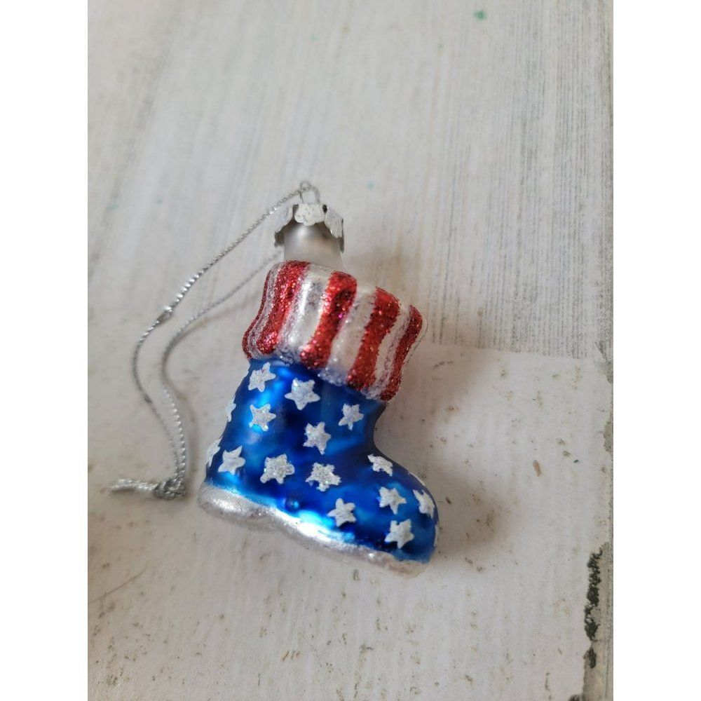 Mini American flag stocking boot blown glass ornament Xmas
